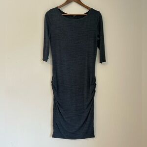 prAna Dark Charcoal Gray Ruched Midi Women’s M | 3/4 Sleeve Stretch Eco Jersey